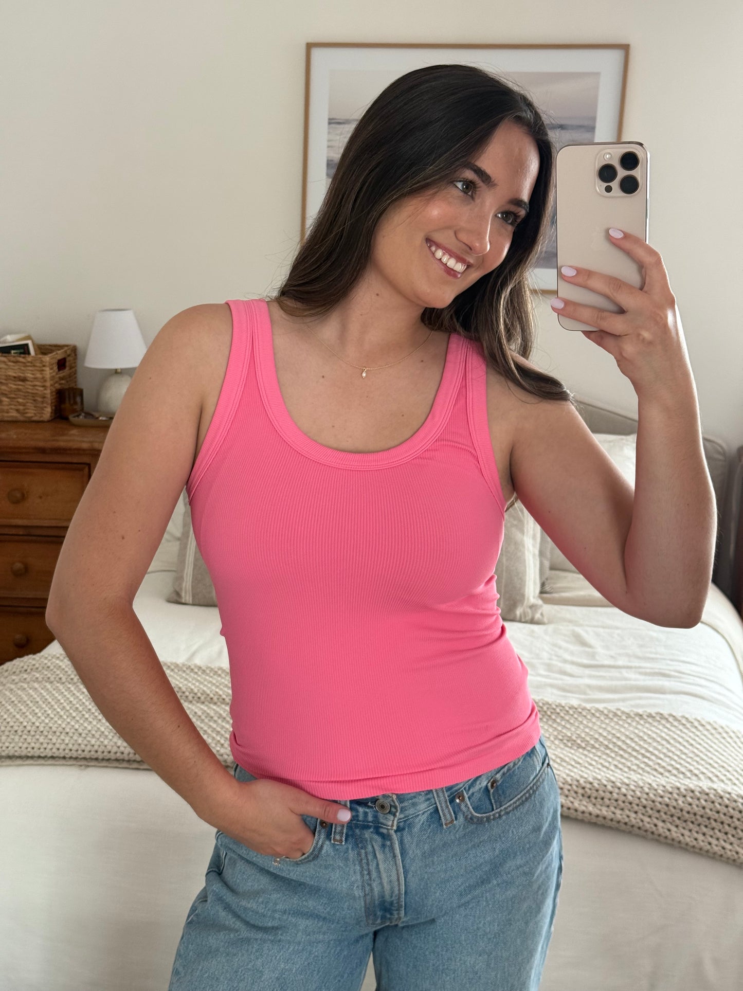 Reversible Ribbed Tank, Bright Pink