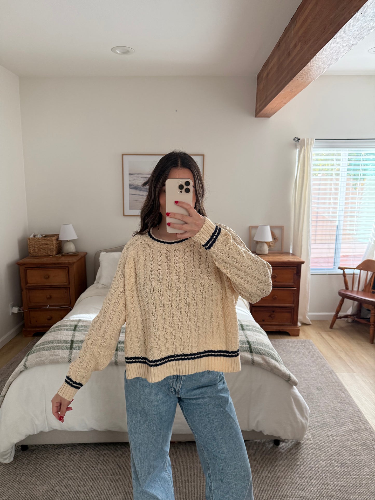 Rory Cable Knit Sweater, Cream & Navy