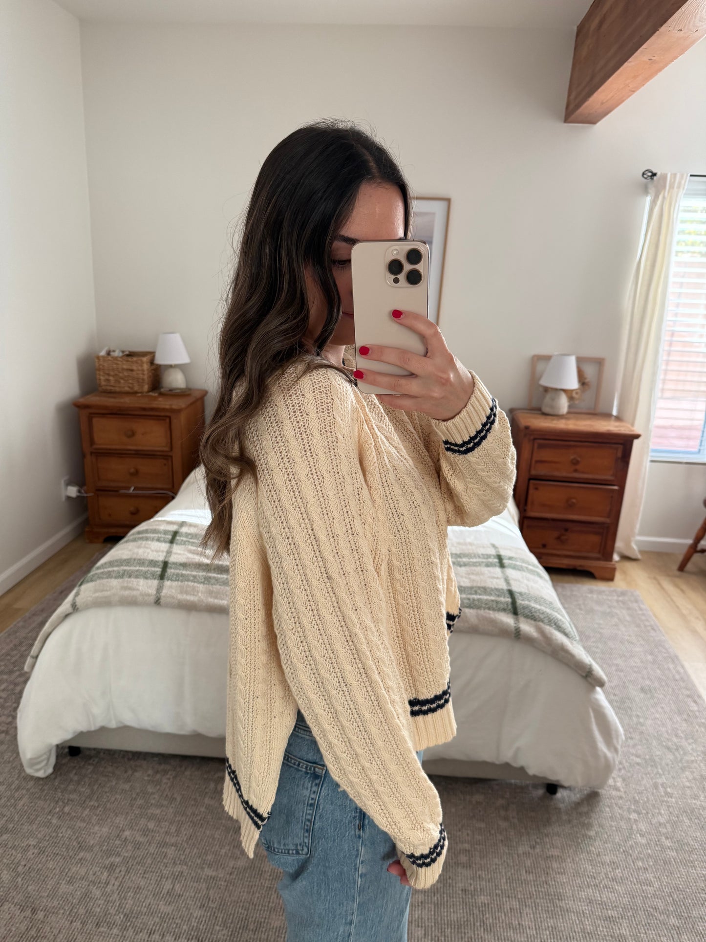 Rory Cable Knit Sweater, Cream & Navy