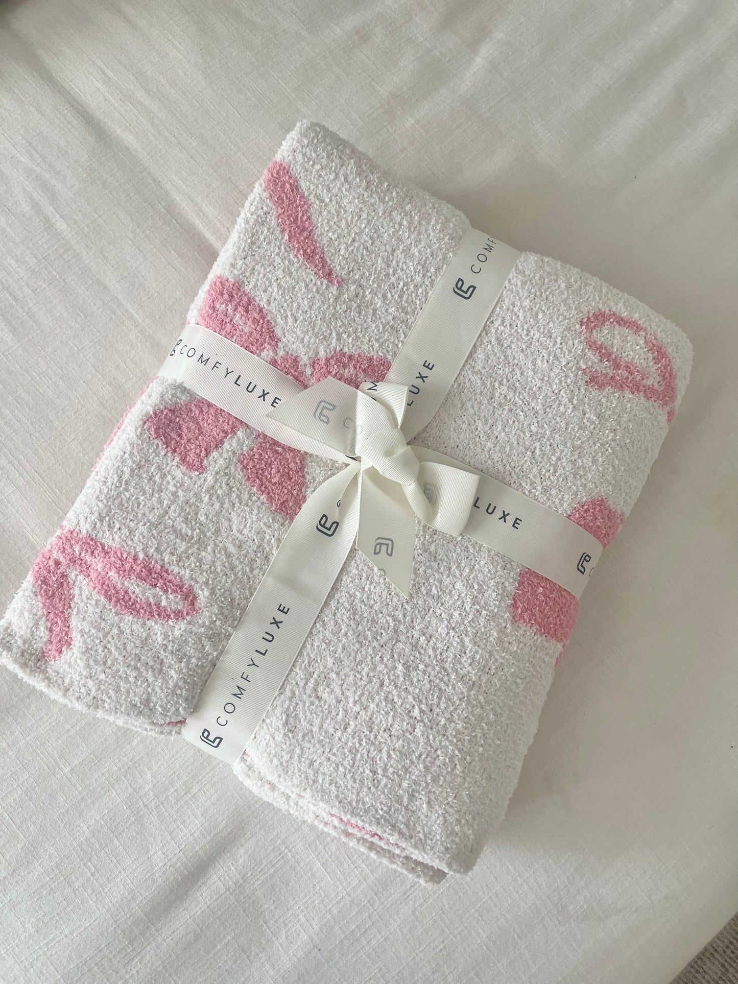 Bow Throw Blanket, Pink/White