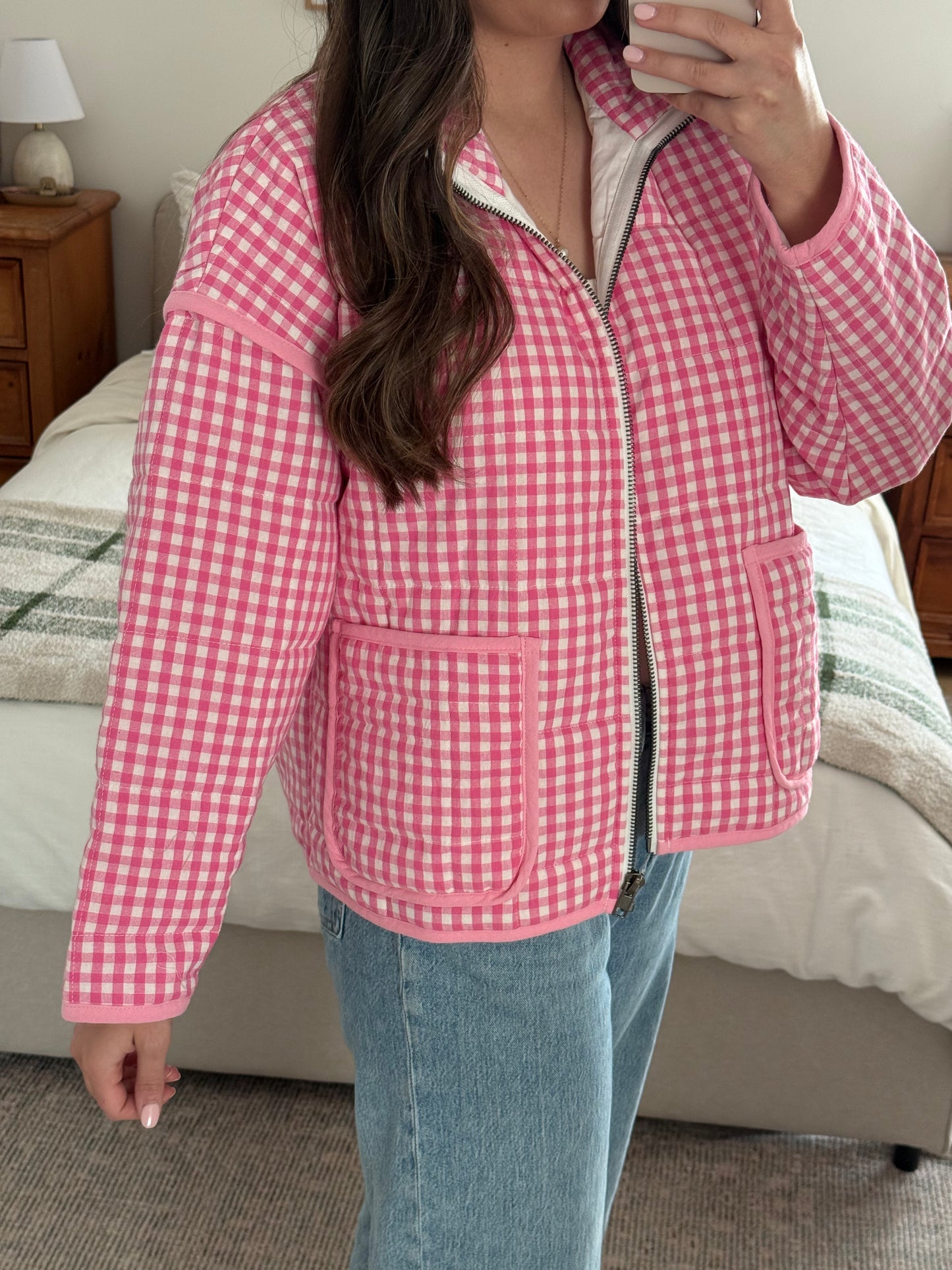 Bubblegum Gingham Quilted Jacket, Bright Pink