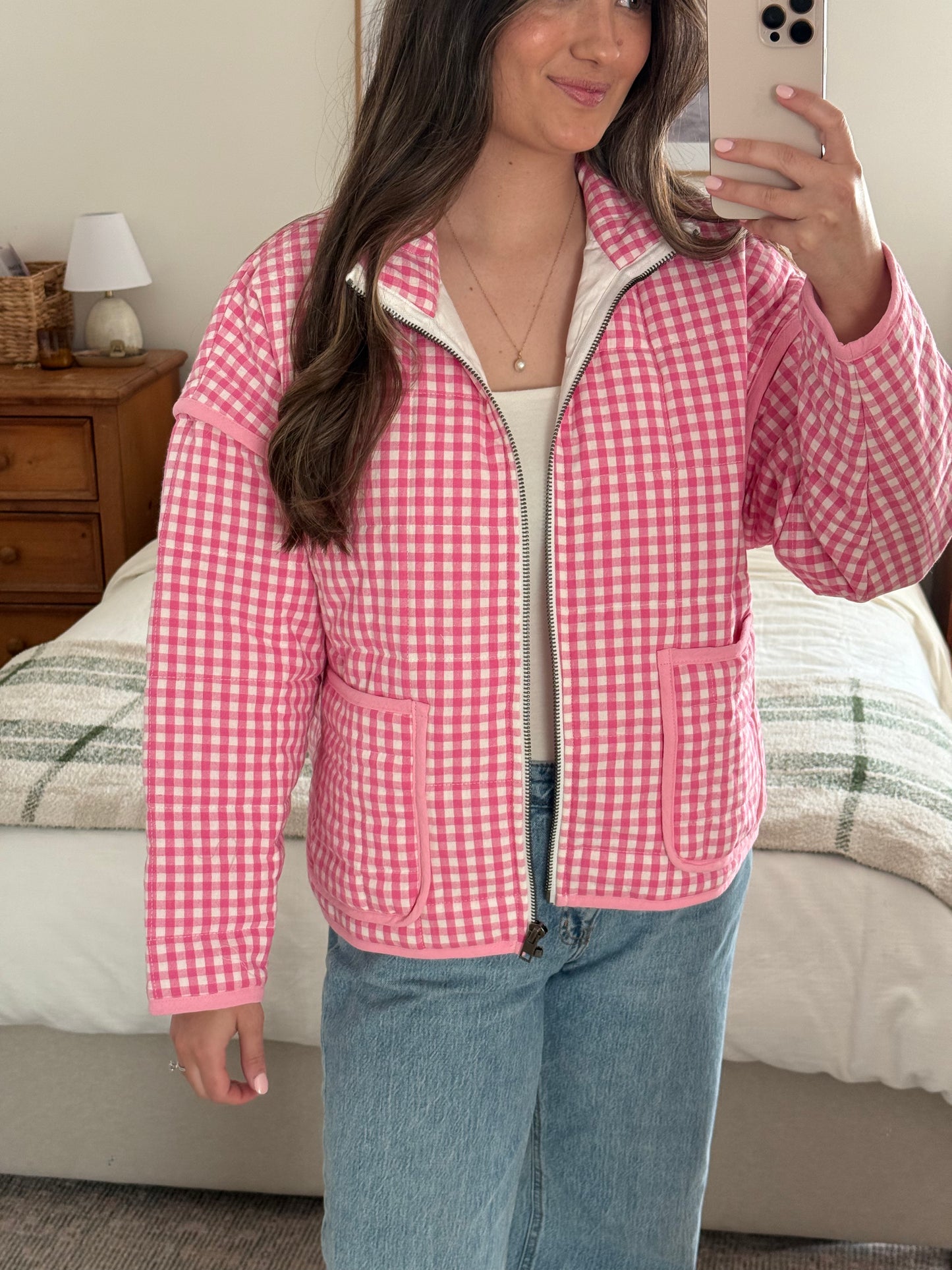 Bubblegum Gingham Quilted Jacket, Bright Pink