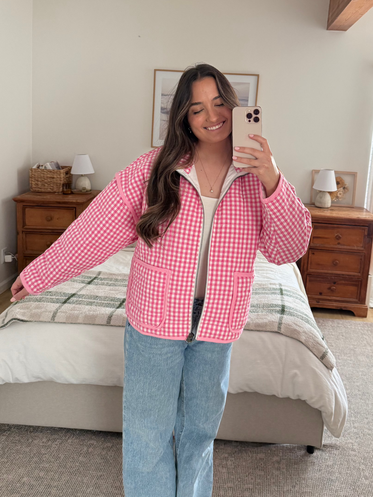 Bubblegum Gingham Quilted Jacket, Bright Pink
