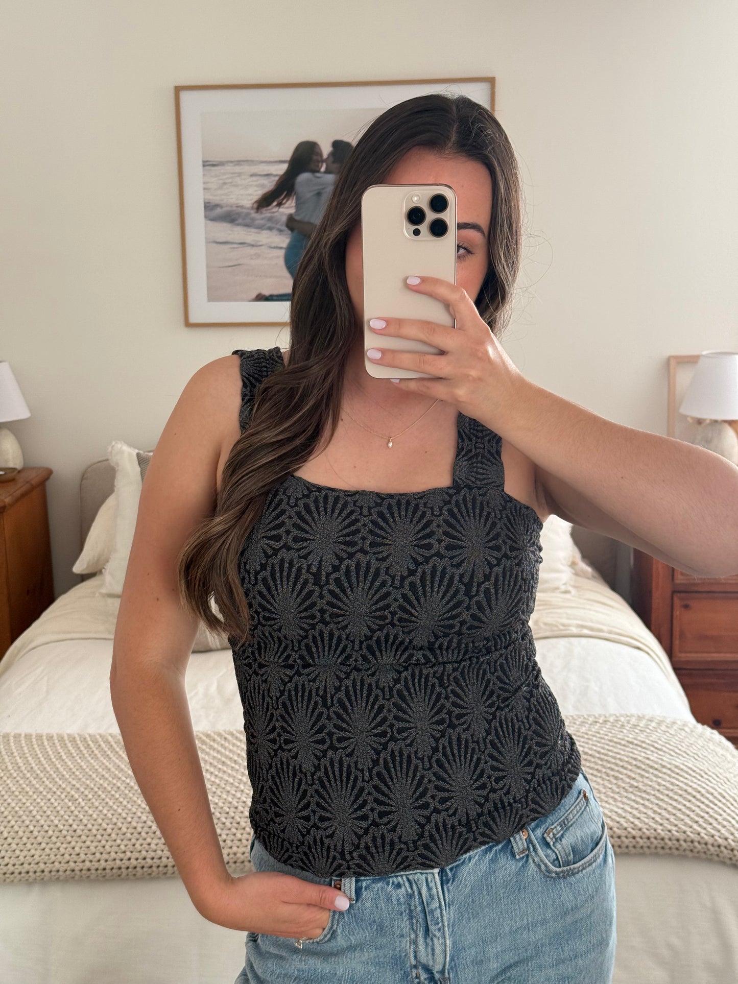 Textured Lace Tank, Charcoal Black