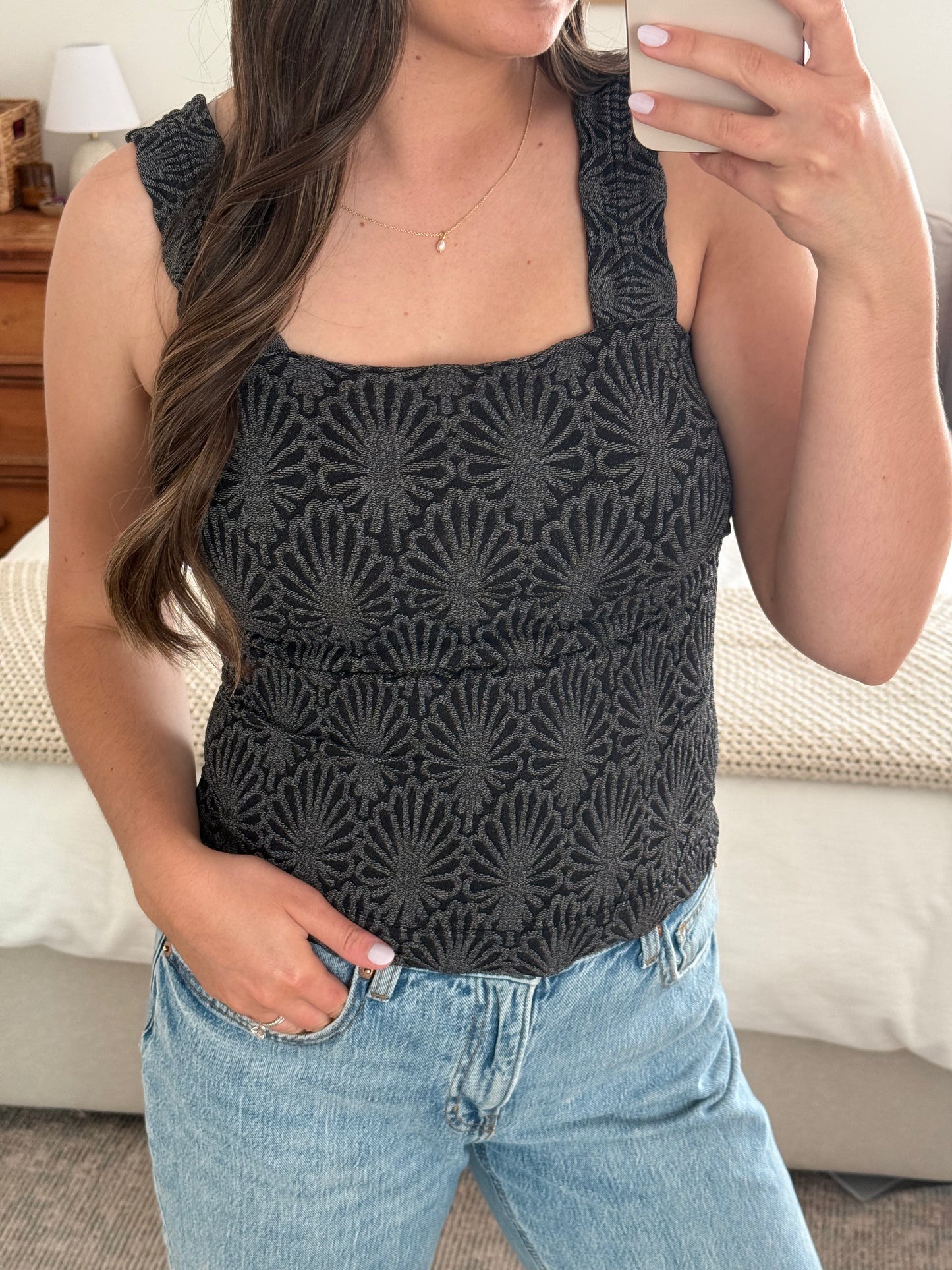 Textured Lace Tank, Charcoal Black