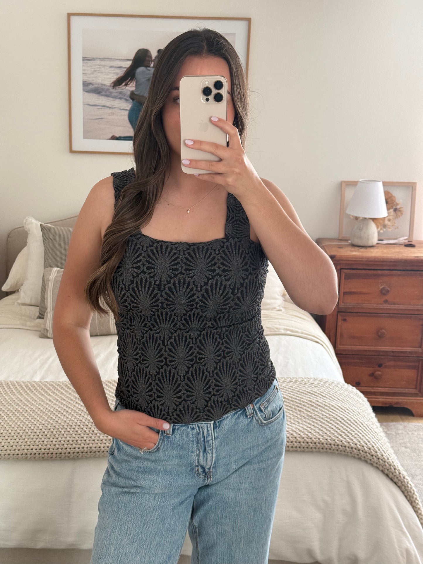 Textured Lace Tank, Charcoal Black