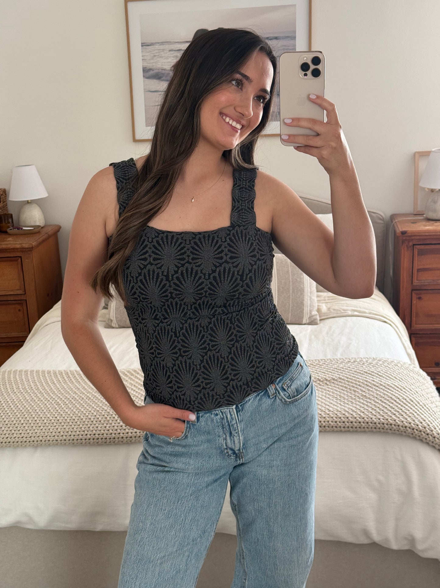 Textured Lace Tank, Charcoal Black