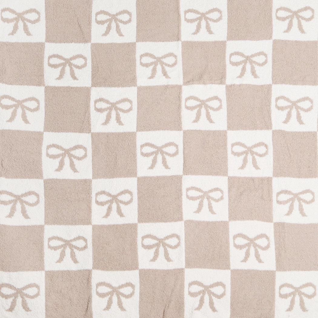 Checkered Bow Throw Blanket, Beige