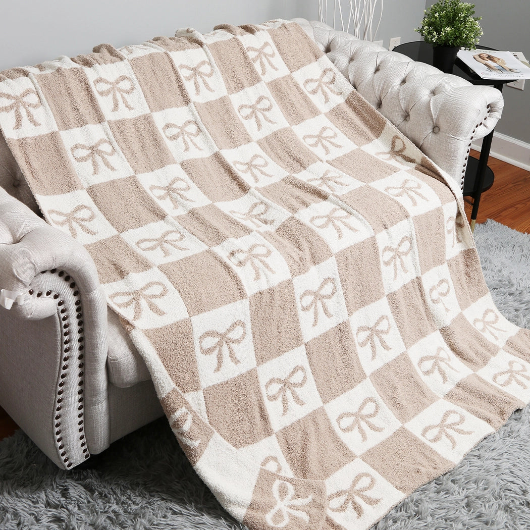 Checkered Bow Throw Blanket, Beige