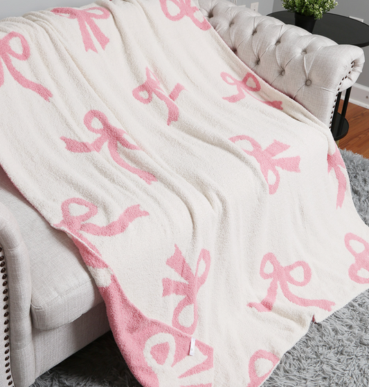 Bow Throw Blanket, Pink/White