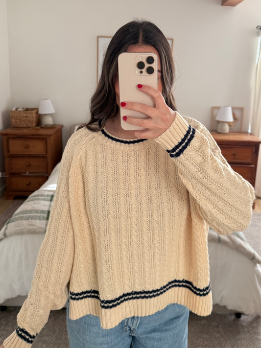 Rory Cable Knit Sweater, Cream & Navy