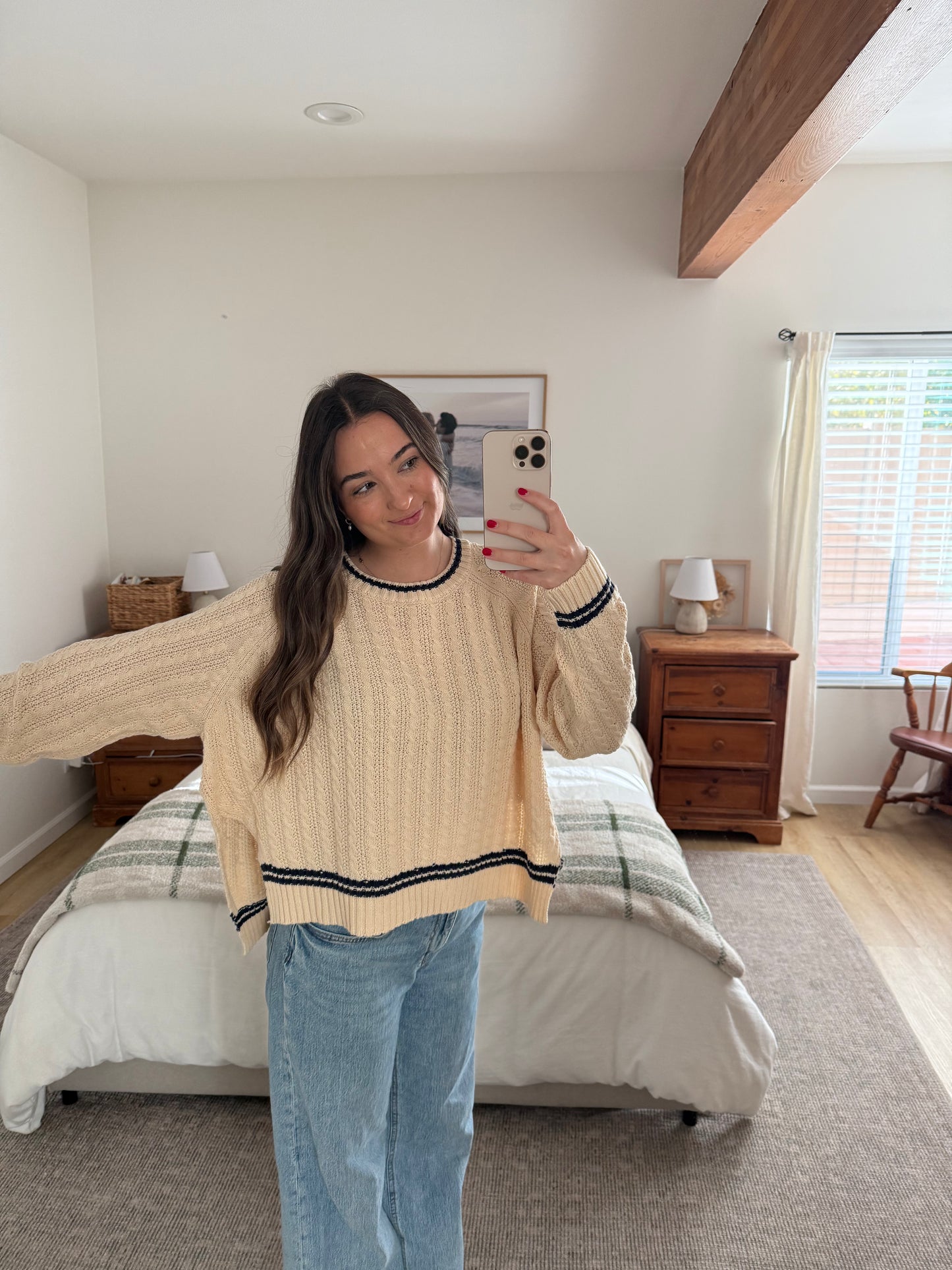 Rory Cable Knit Sweater, Cream & Navy