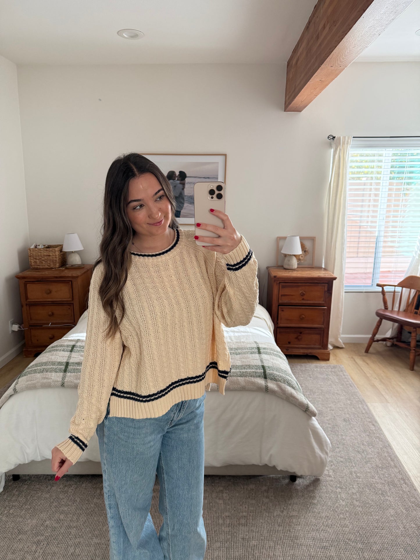 Rory Cable Knit Sweater, Cream & Navy