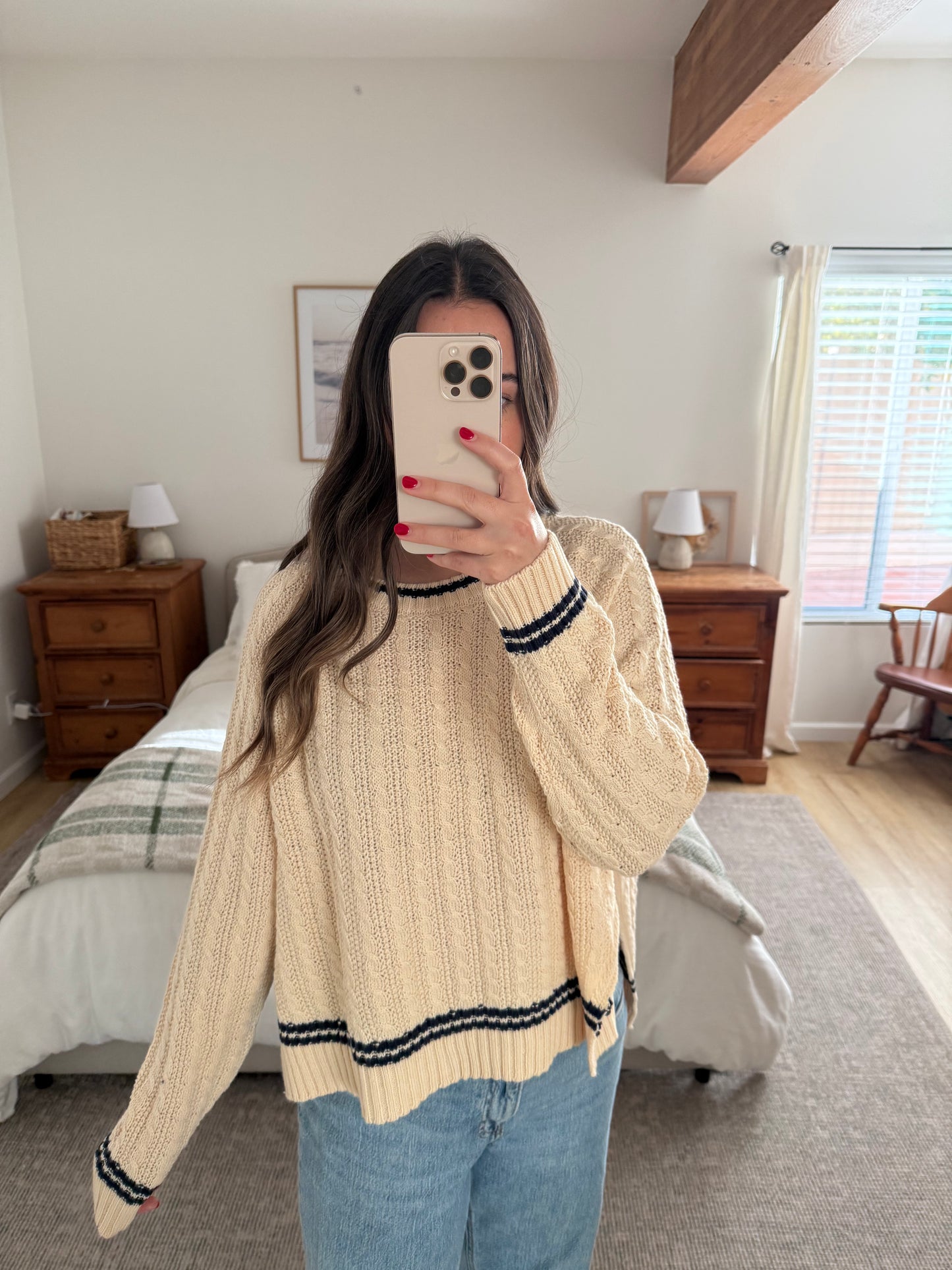 Rory Cable Knit Sweater, Cream & Navy