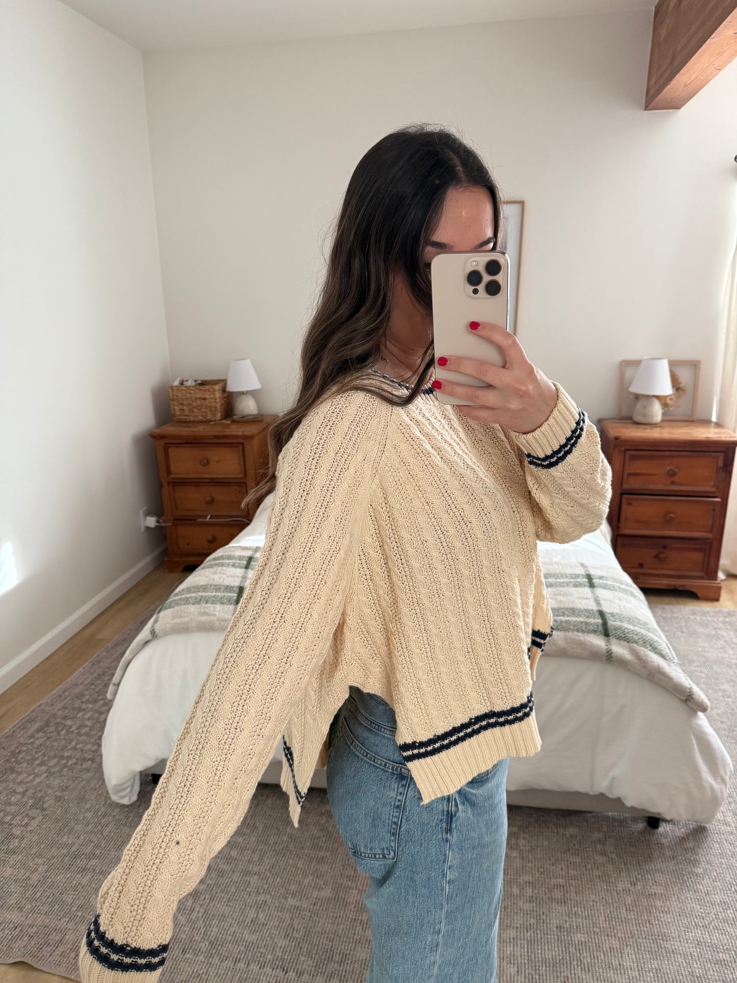 Rory Cable Knit Sweater, Cream & Navy
