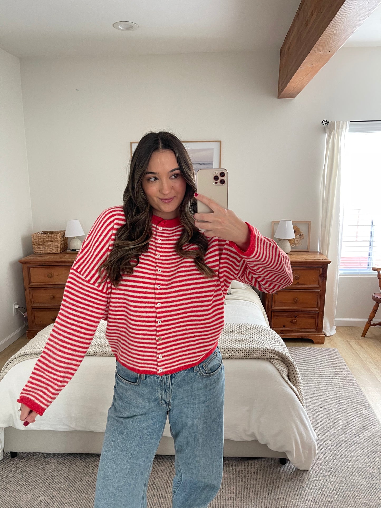 Rae Cardigan, Red/White Stripes