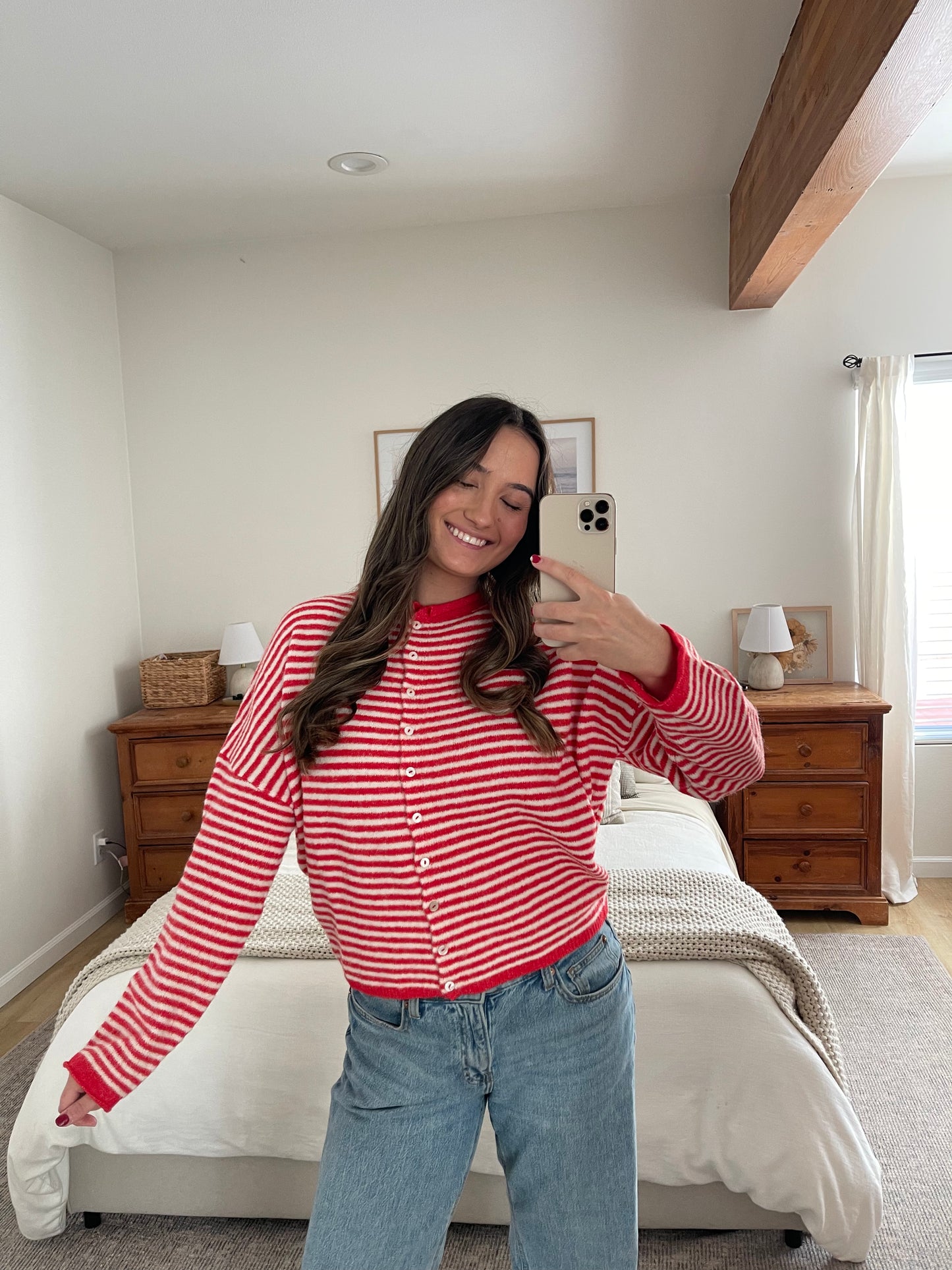 Rae Cardigan, Red/White Stripes