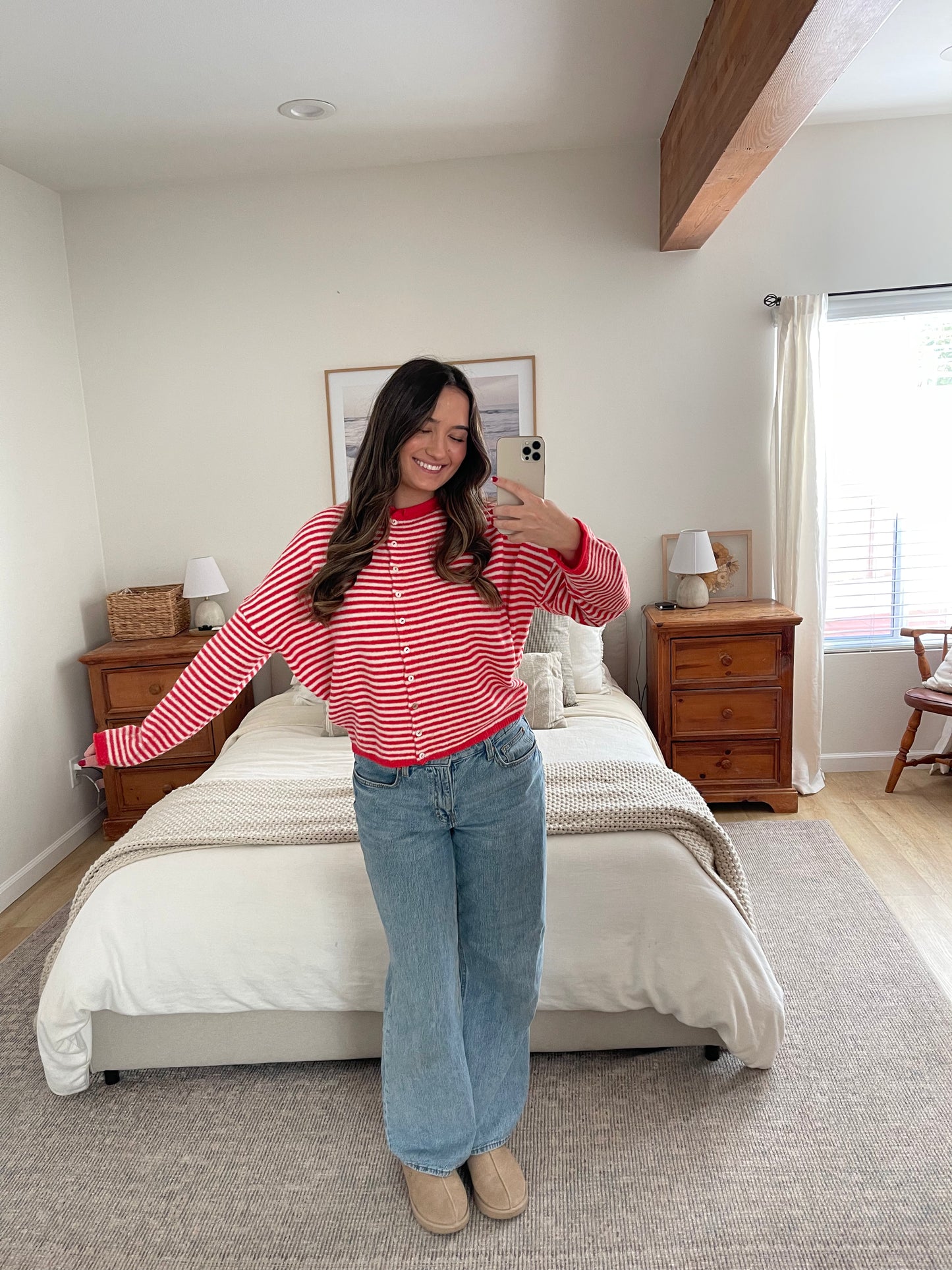 Rae Cardigan, Red/White Stripes