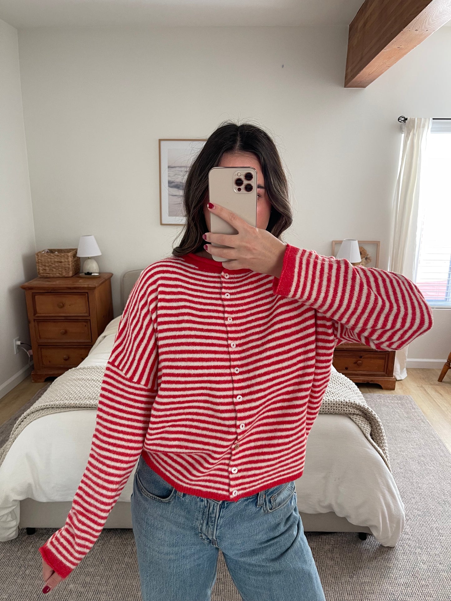 Rae Cardigan, Red/White Stripes
