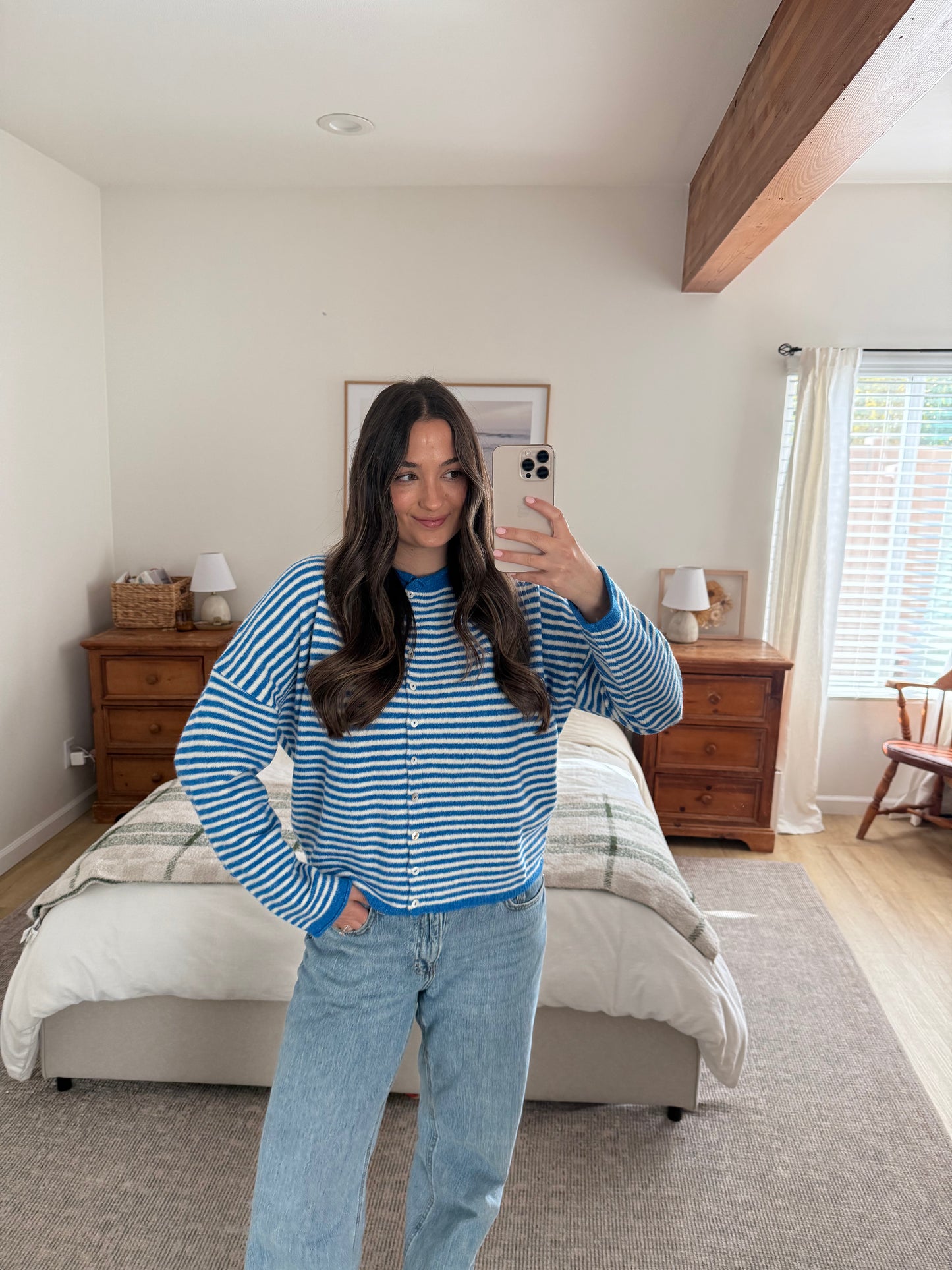 Rae Cardigan, Blue/White Stripes
