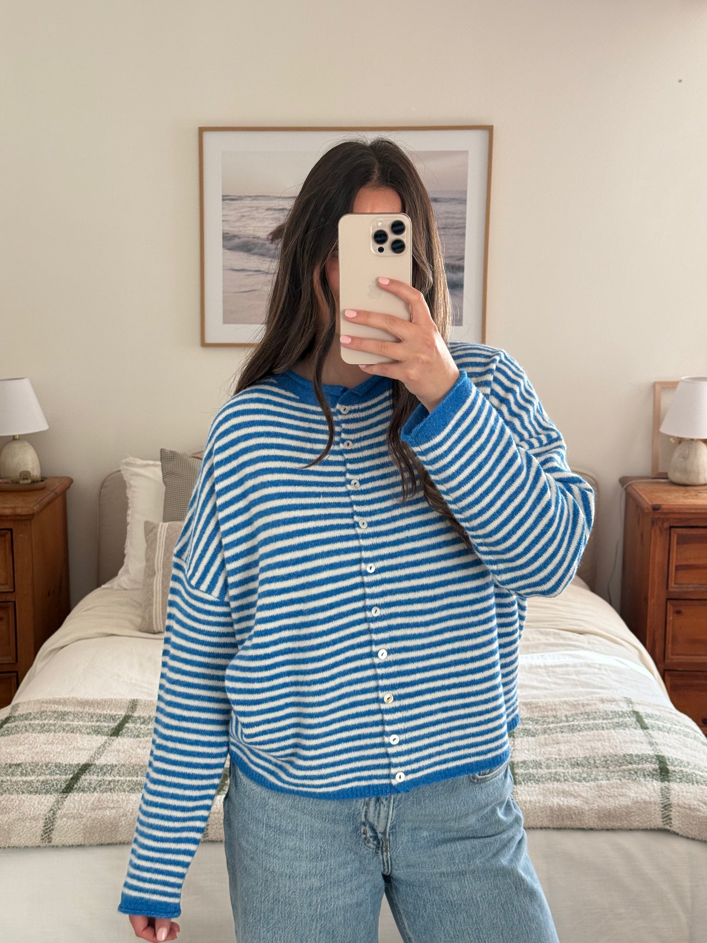Rae Cardigan, Blue/White Stripes