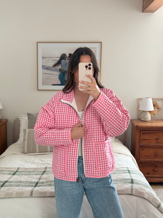 Bubblegum Gingham Quilted Jacket, Bright Pink