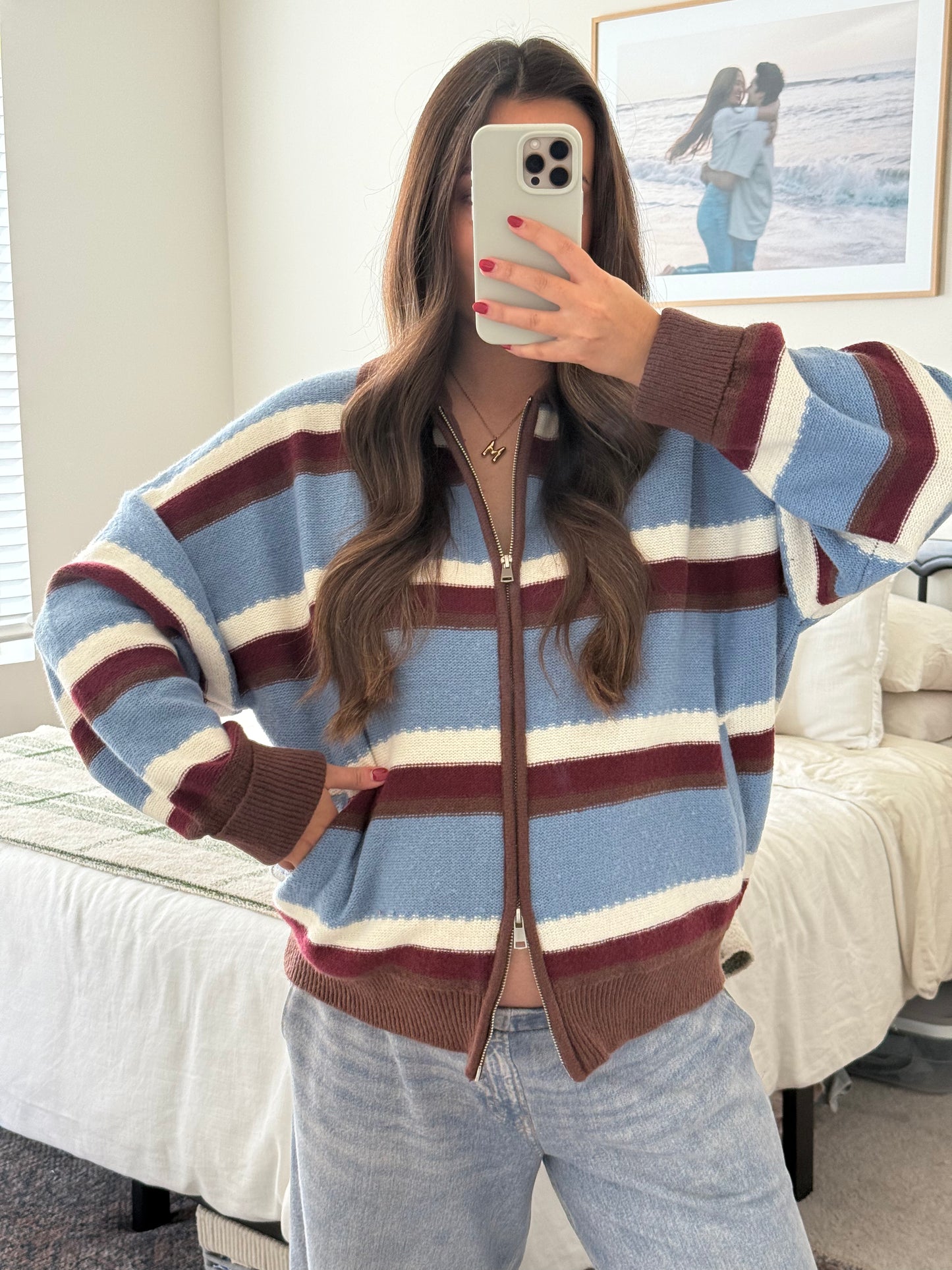 Fairbanks Zip Up Sweater Jacket, Blue/Brown