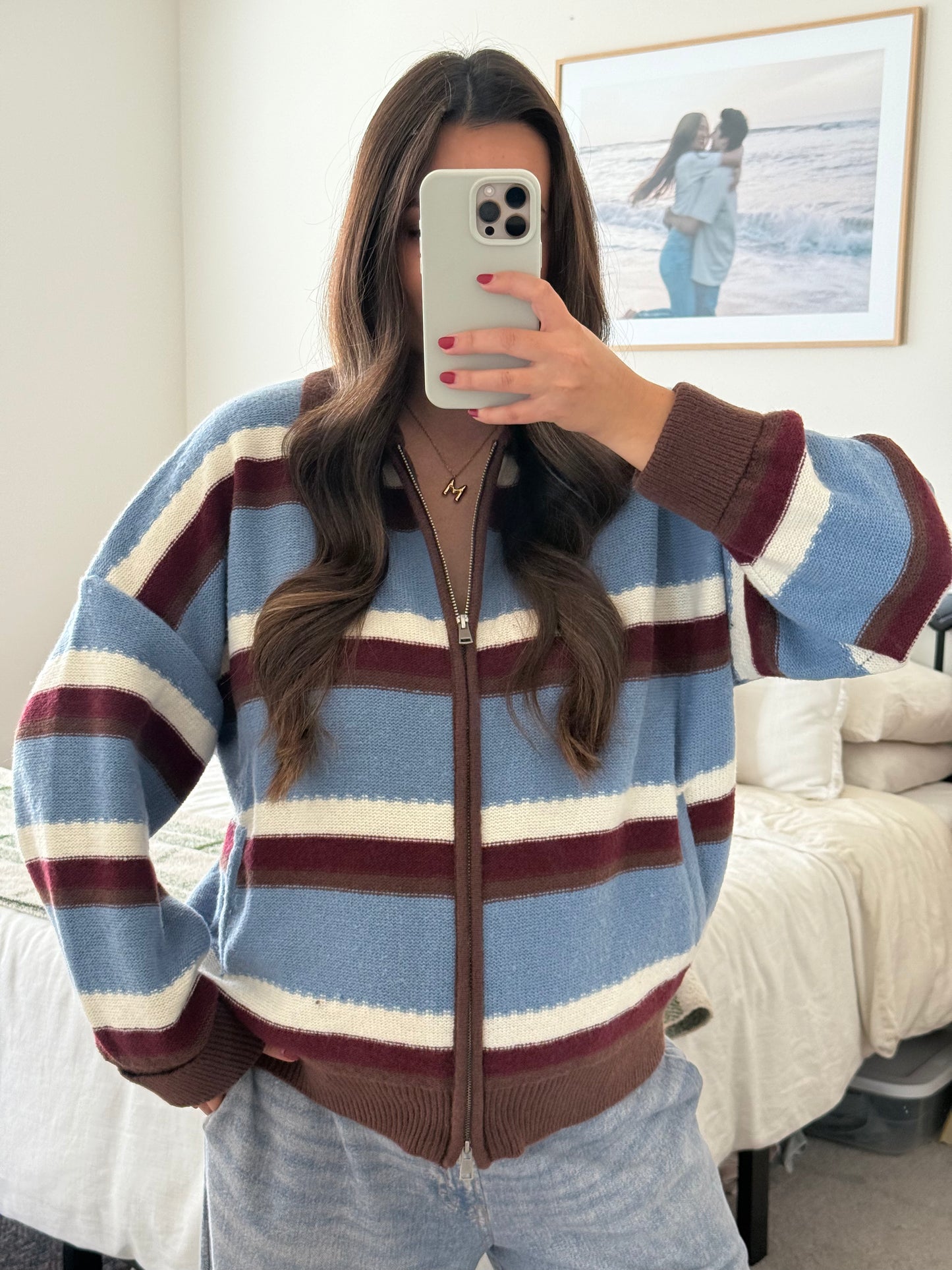 Fairbanks Zip Up Sweater Jacket, Blue/Brown