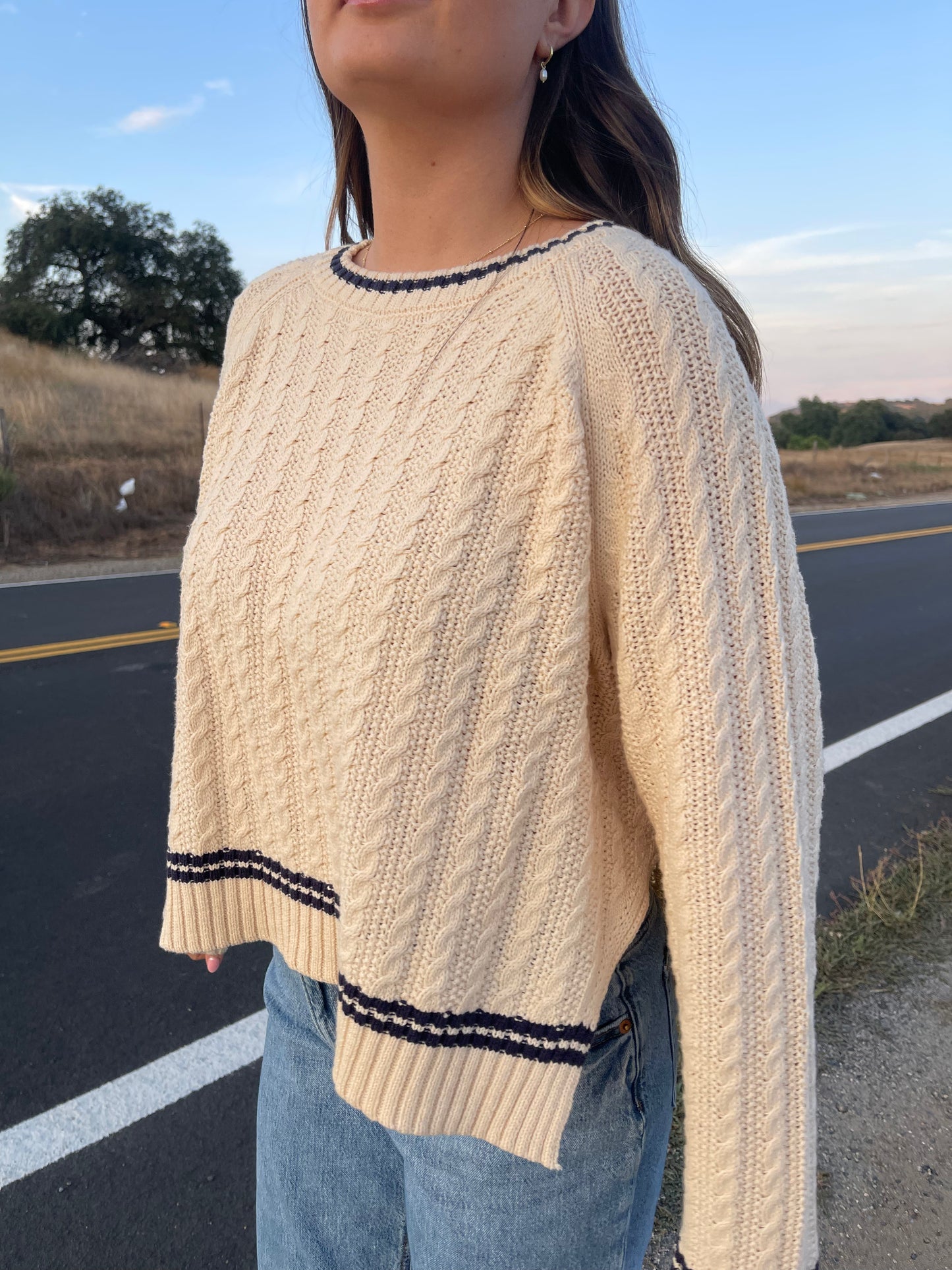 Rory Cable Knit Sweater, Cream & Navy