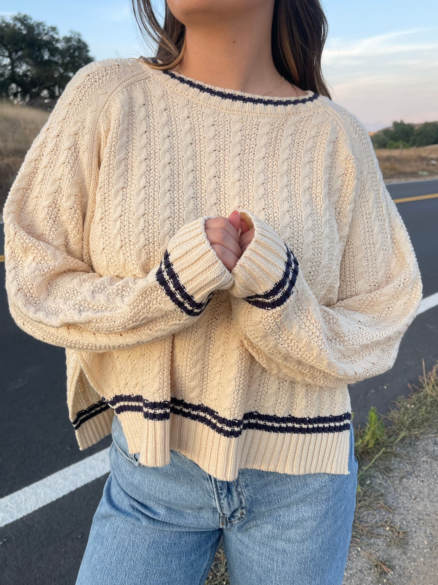 Rory Cable Knit Sweater, Cream & Navy