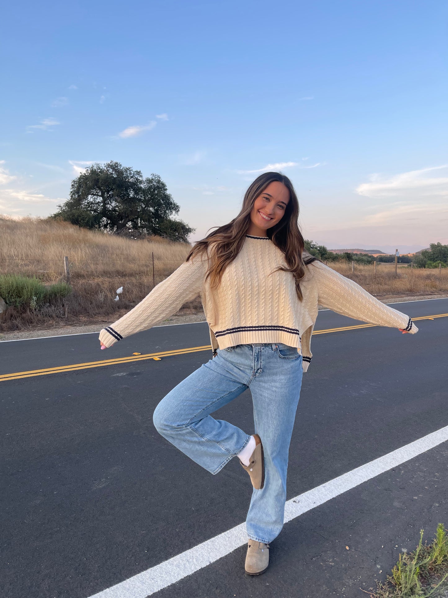 Rory Cable Knit Sweater, Cream & Navy