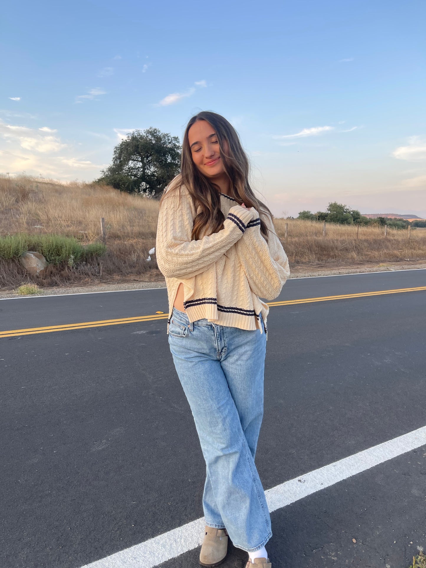 Rory Cable Knit Sweater, Cream & Navy