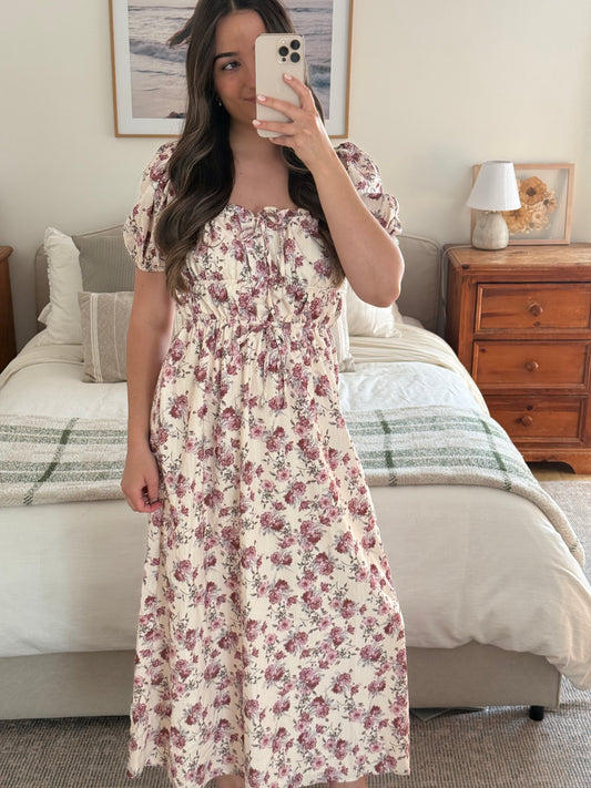 Vintage Peony Dress, Cream & Purple