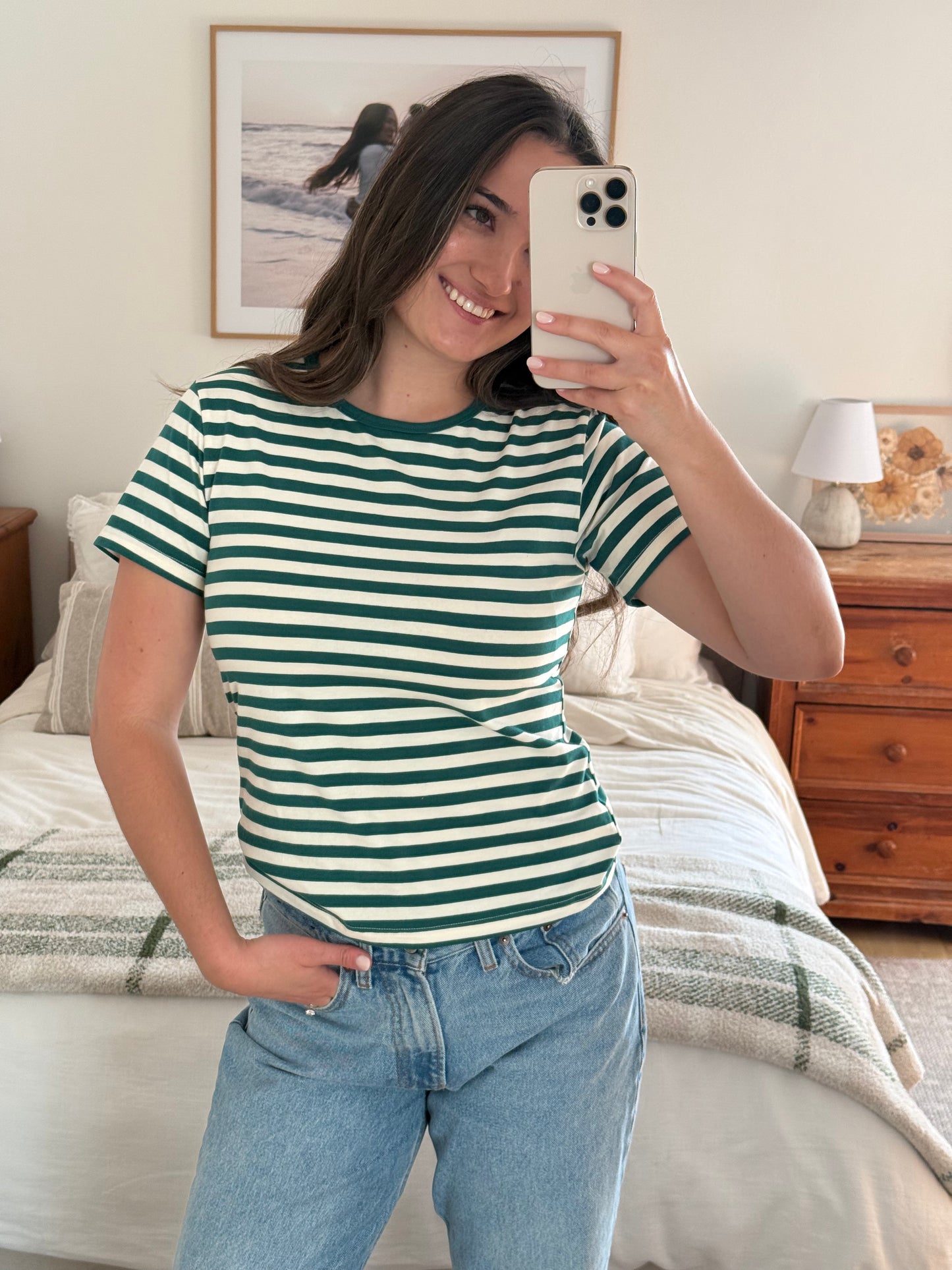 Timeless Striped Tee, Forest Green