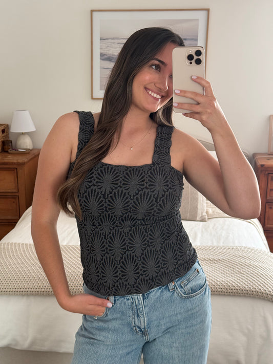 Textured Lace Tank, Charcoal Black